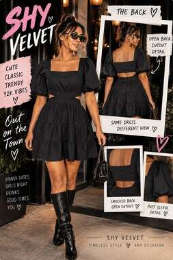 Shy Velvet Cutout Dress Size M Black Tiered Puff Sleeve Mini